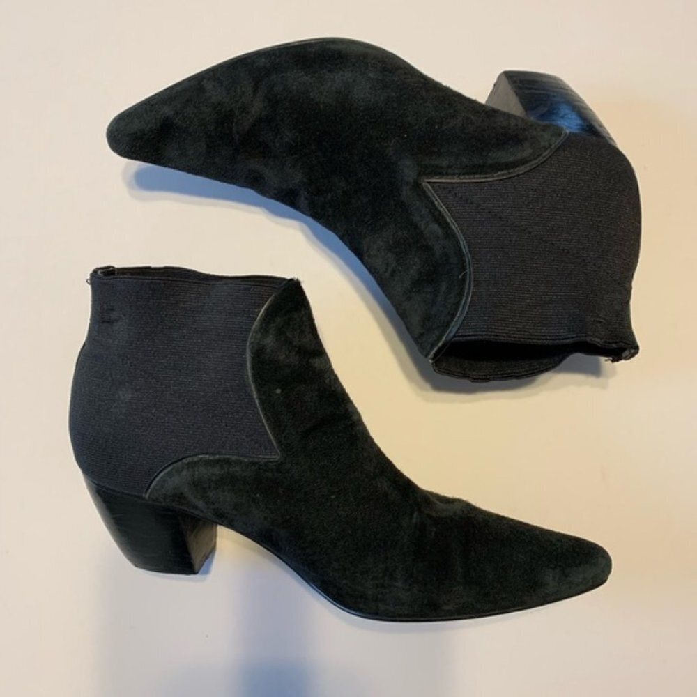 Pointed Toe Suede Leather Black Slip On Ankle Boots Size 7